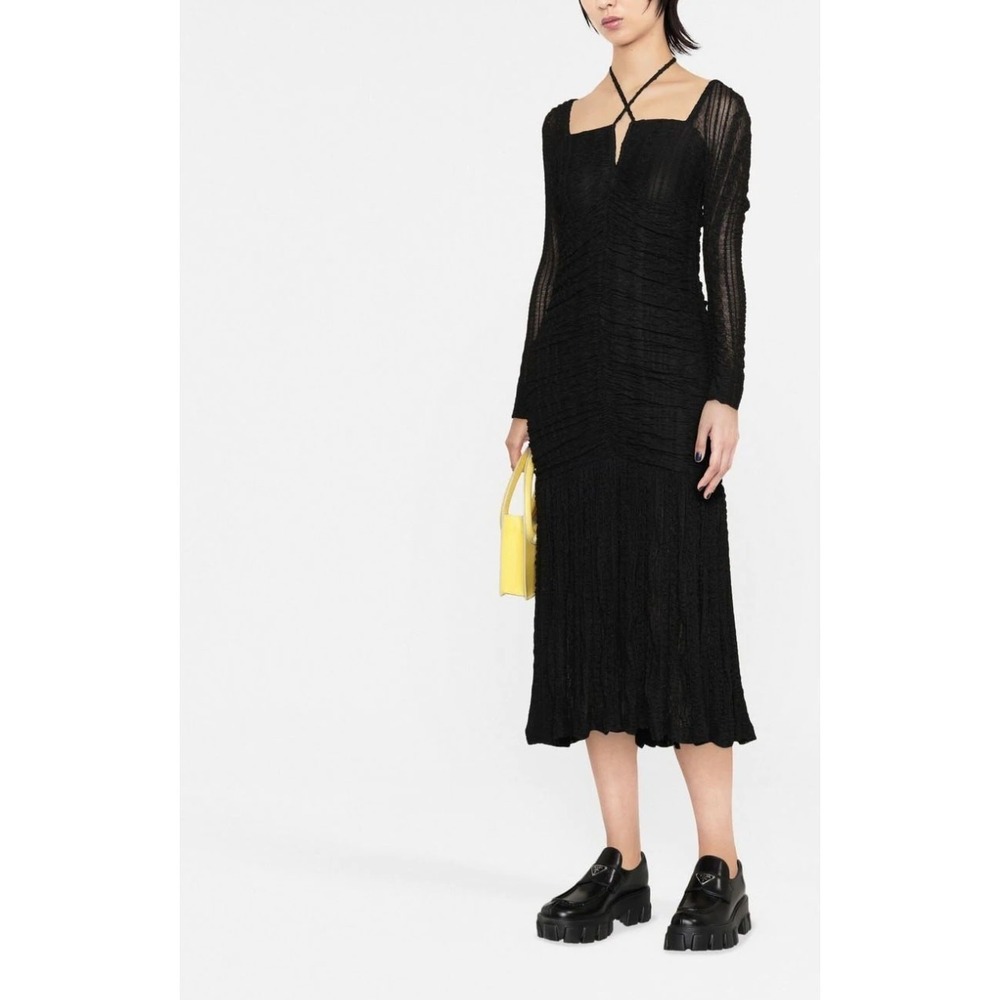 GANNI Stretch Lace Black Gathered Midi Dress 38 NWT